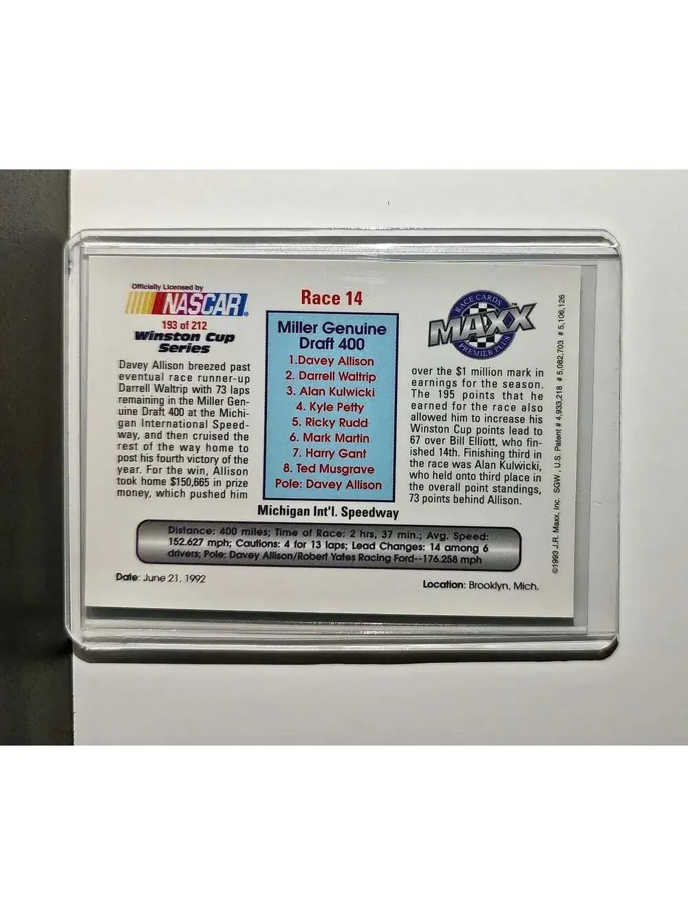 Race 14 Michigan YR 1993 Maxx Premier Plus Racing #193 NASCAR Card Robert Yates